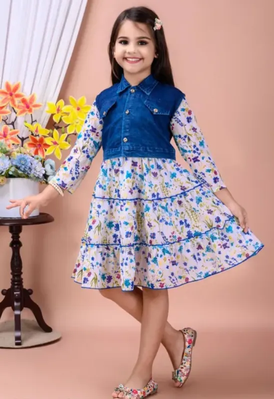 Girls Denim Style Floral Party Dress