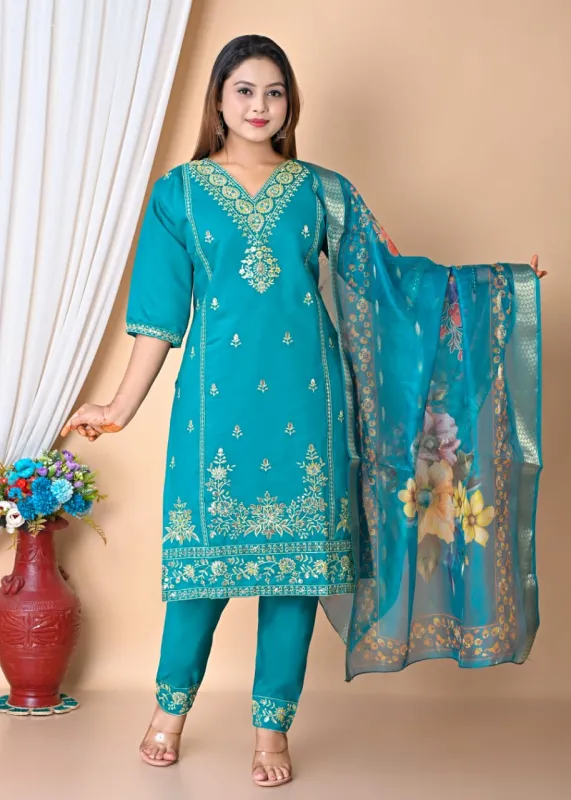 Women’s Embroidered Straight Kurta Set with Dupatta