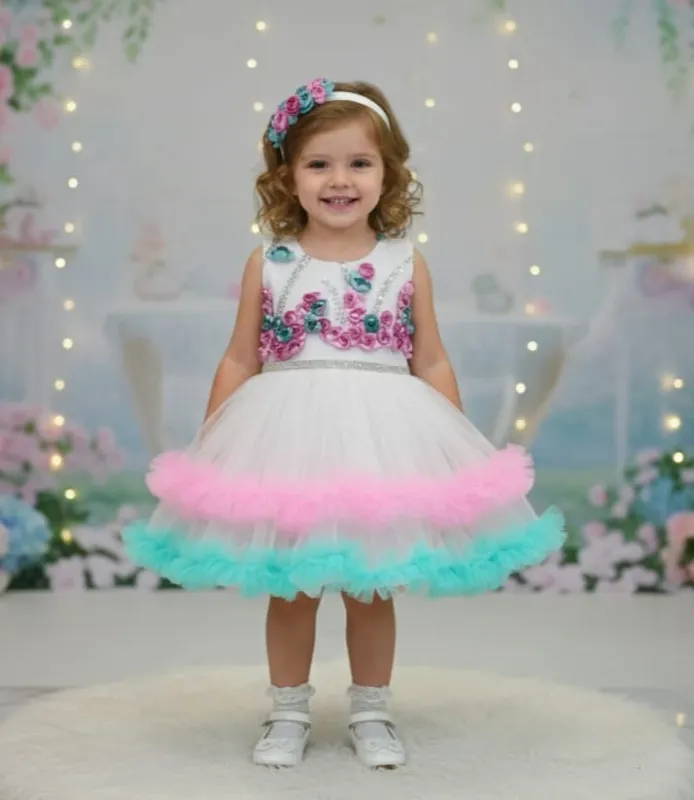 Baby Girls Party Wear Fancy Net Frock | Sleeveless Floral Applique Dress with Ruffle Hem | Birthday & Wedding Special | Soft Inner Lining (Pink & Blue Pastel)